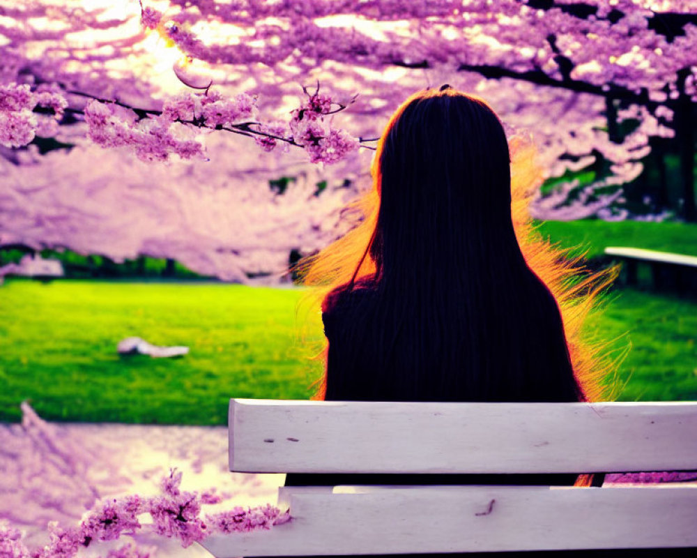 Person admiring pink cherry blossoms on bench in park at dusk
