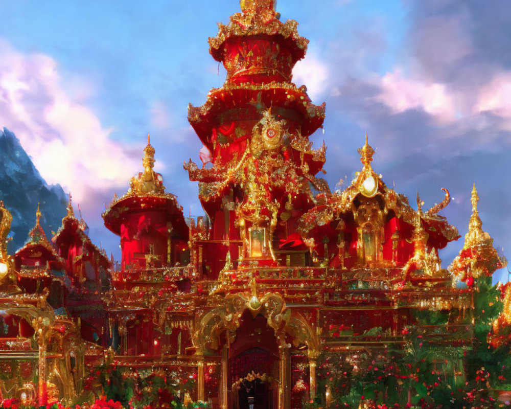 Ornate Red and Gold Temple in Lush Greenery under Dramatic Sky