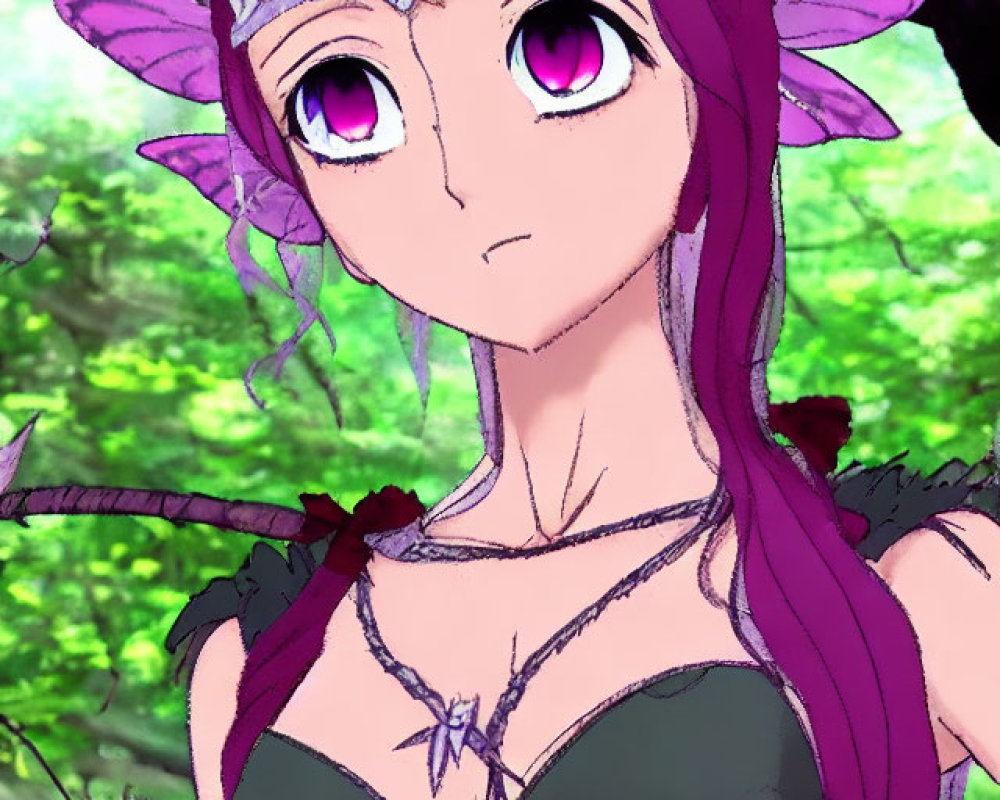 Purple-haired elf with crystal crown in green forest illustration