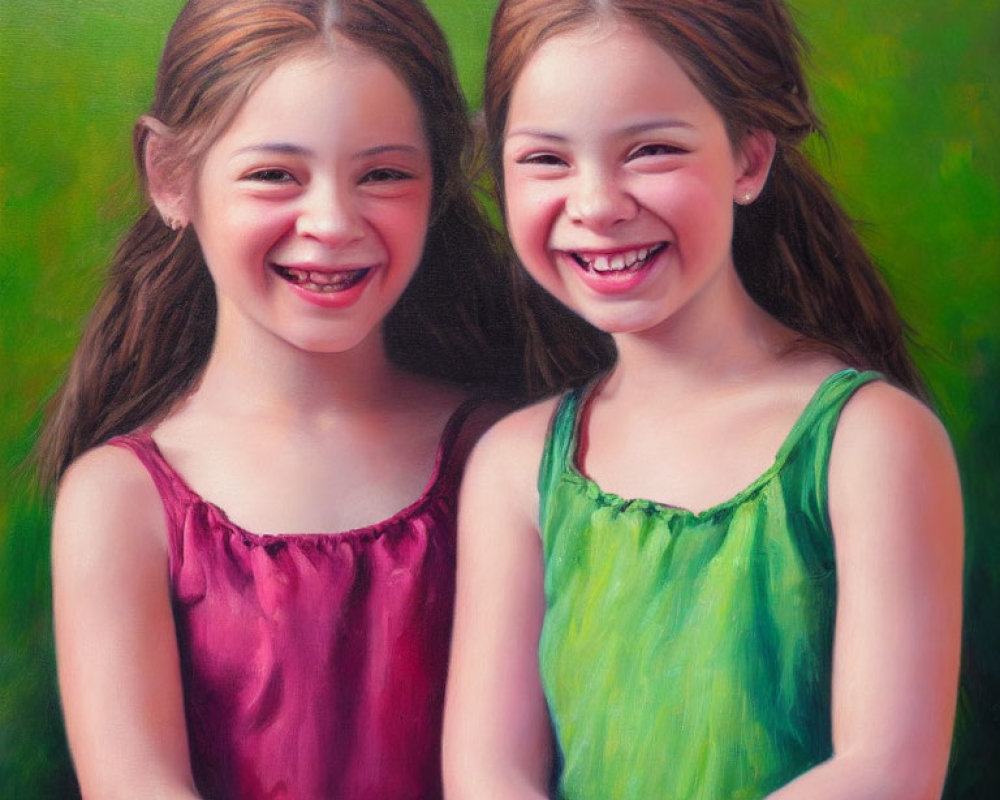 Two Smiling Girls in Colorful Dresses Against Green Background
