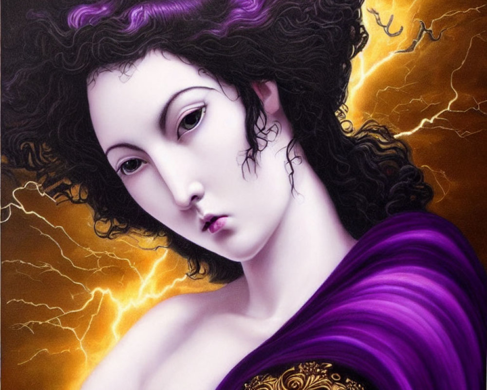 Portrait of Woman with Purple Flowing Hair and Striking Gaze in Purple Garment with Lightning Bolt