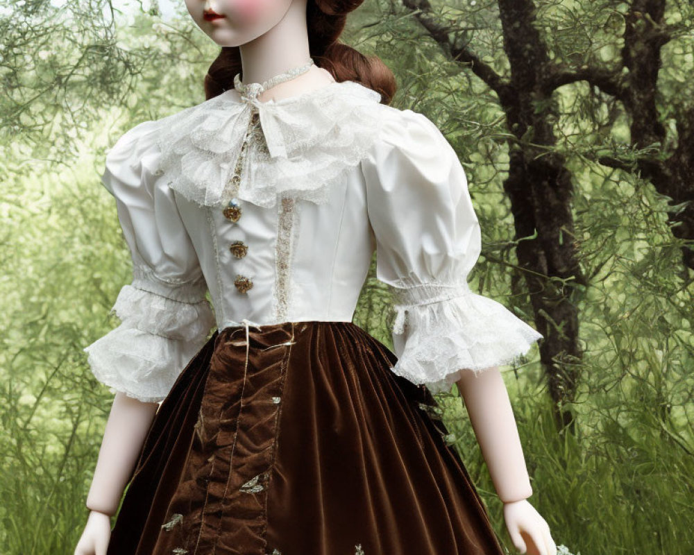 Victorian-style porcelain doll in brown skirt against leafy backdrop
