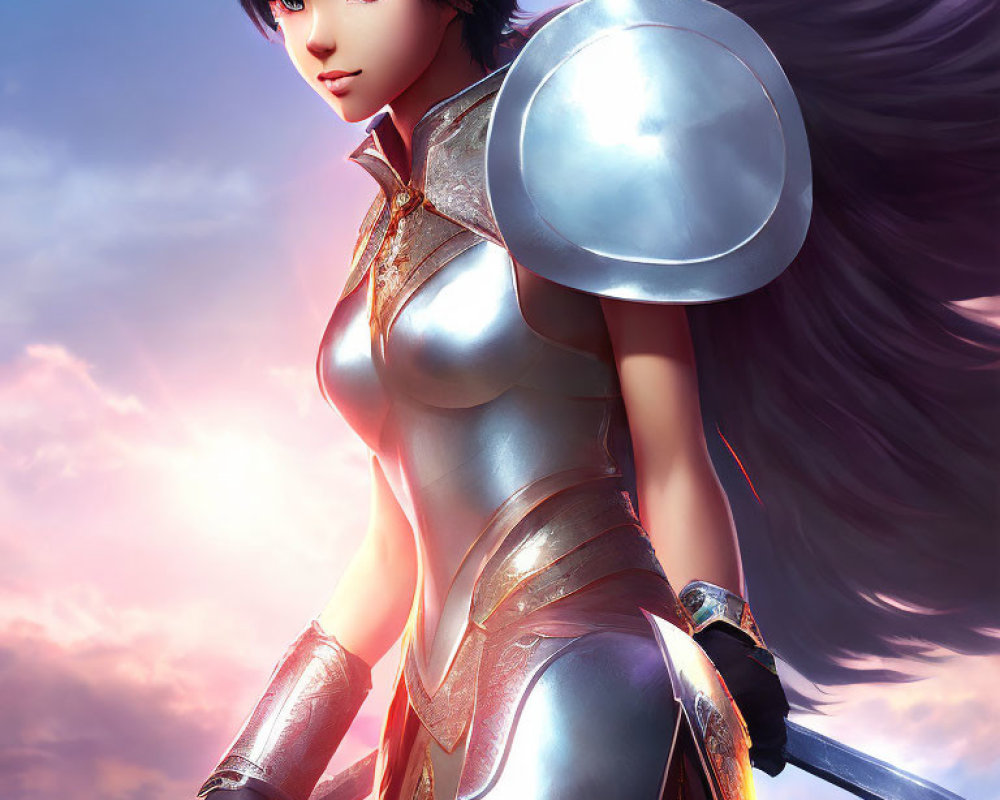 Female warrior digital art: silver armor, long sword, dark hair, purple cape, dramatic sky.
