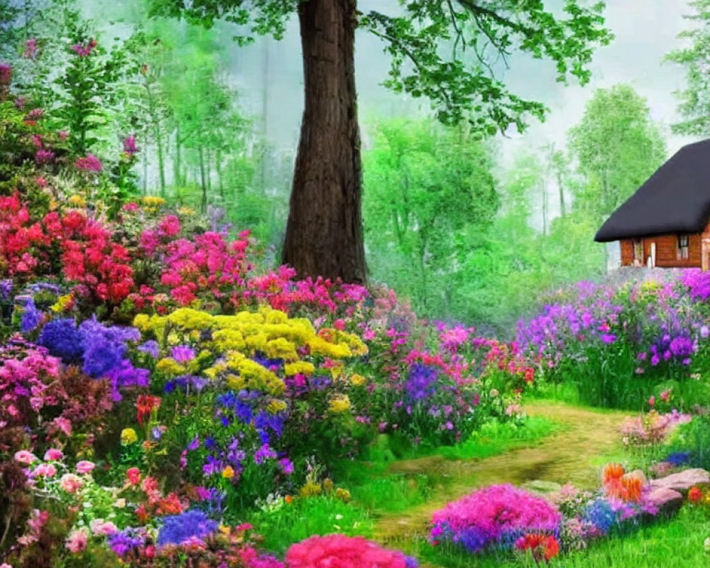 Colorful Flower Garden with Tree, Cottage, and Clear Sky
