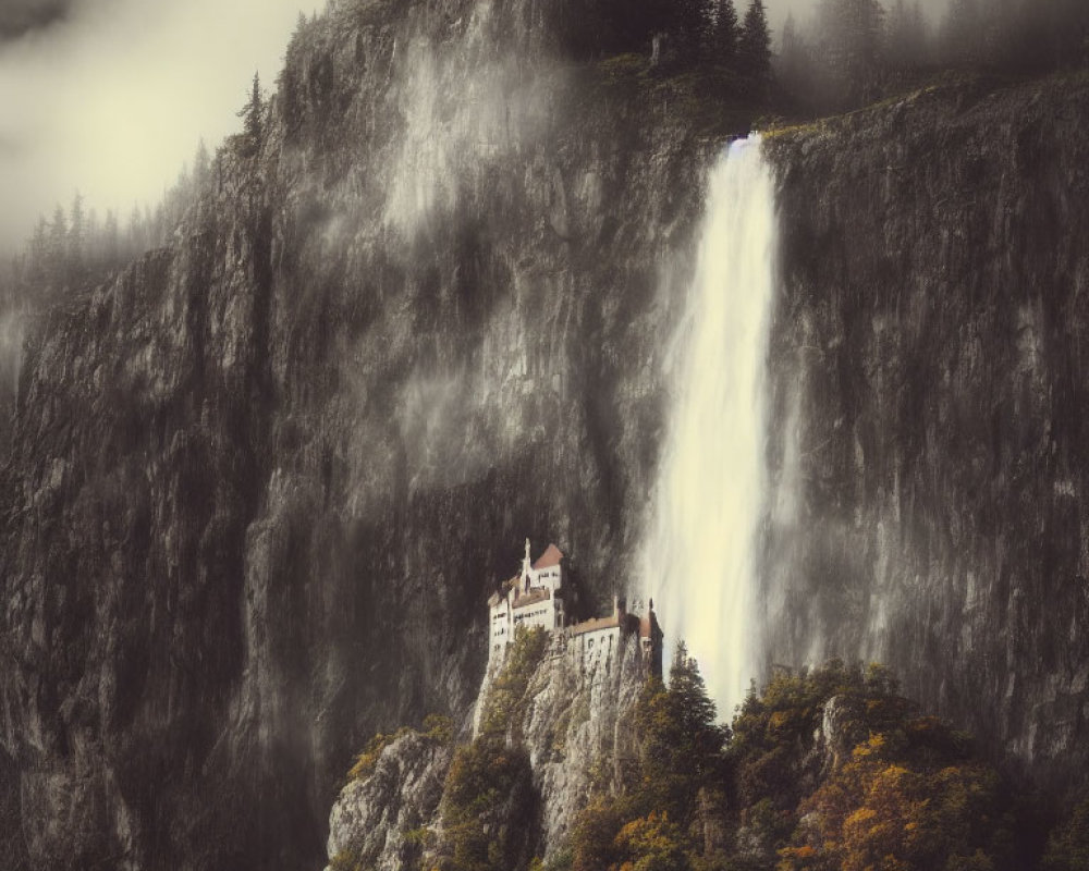 Misty landscape with waterfall, castle on rocky cliff, forested mountains