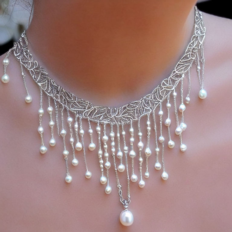 Silver Necklace with Lace Patterns and Dangling Pearls