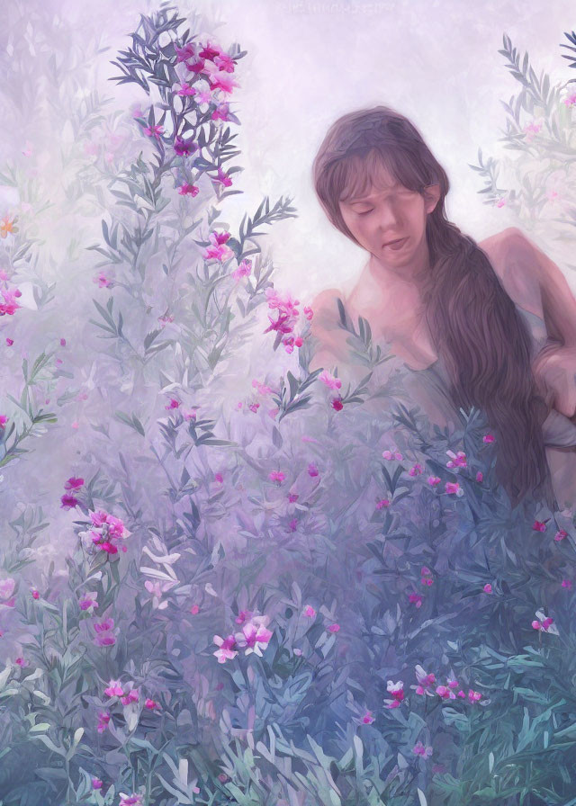 Long-haired woman in serene floral landscape with pink and purple flowers