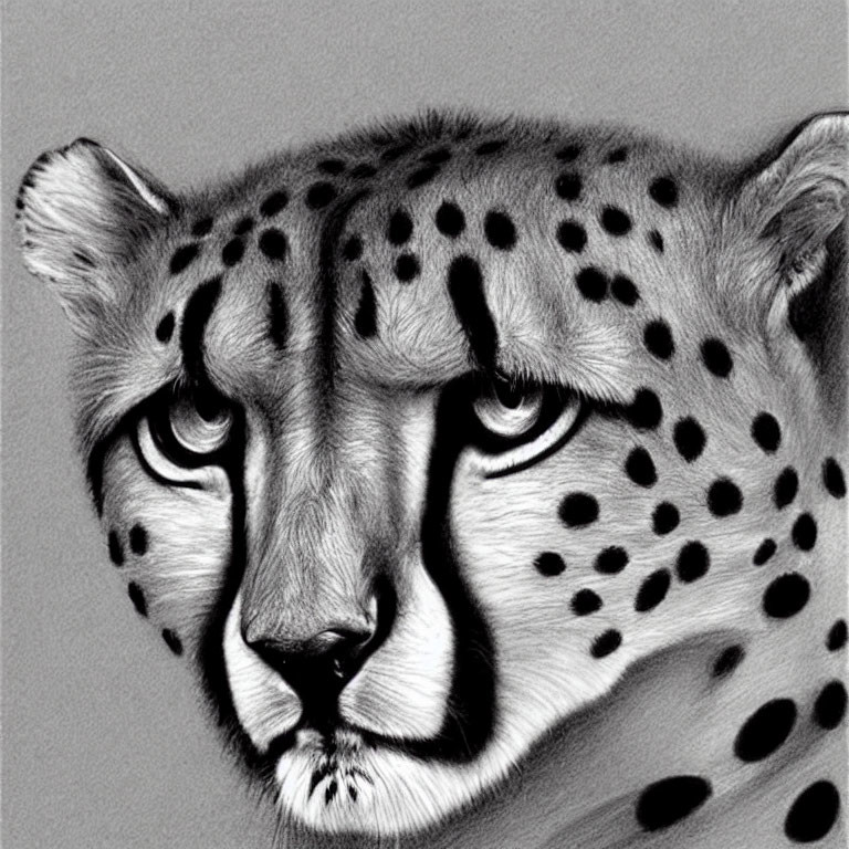 Detailed black and white cheetah head sketch with intense eyes and spotted fur.