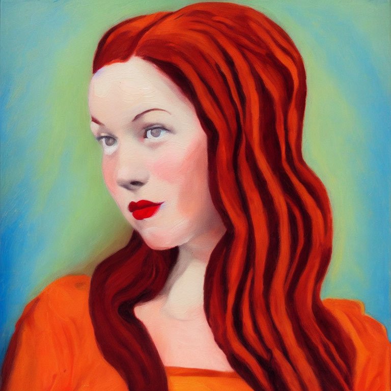 Portrait of Woman with Red Hair and Lipstick on Blue and Yellow Background