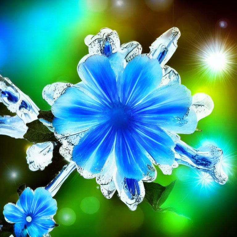 Blue Flower with Ice Crystals on Green and Blue Bokeh Background