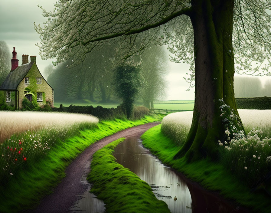 Tranquil country lane with lush greenery, cottage, blooming trees, and reflective puddle