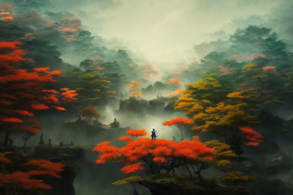 Misty forest with vibrant red and yellow foliage