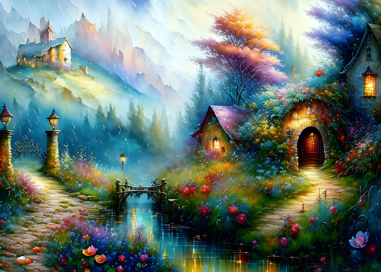 Fantasy village painting with cottages, flowers, and misty mountains
