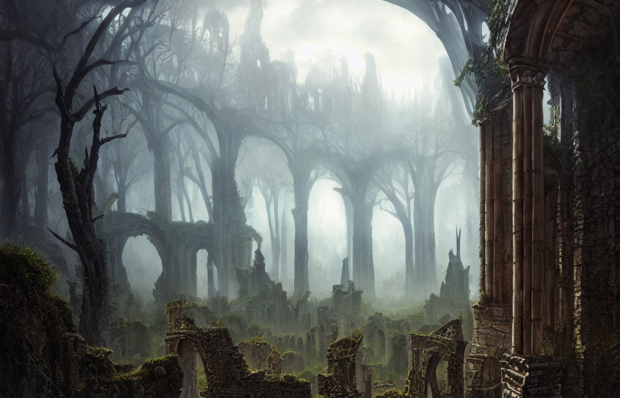 Majestic ancient forest with towering trees and fog among stone ruins