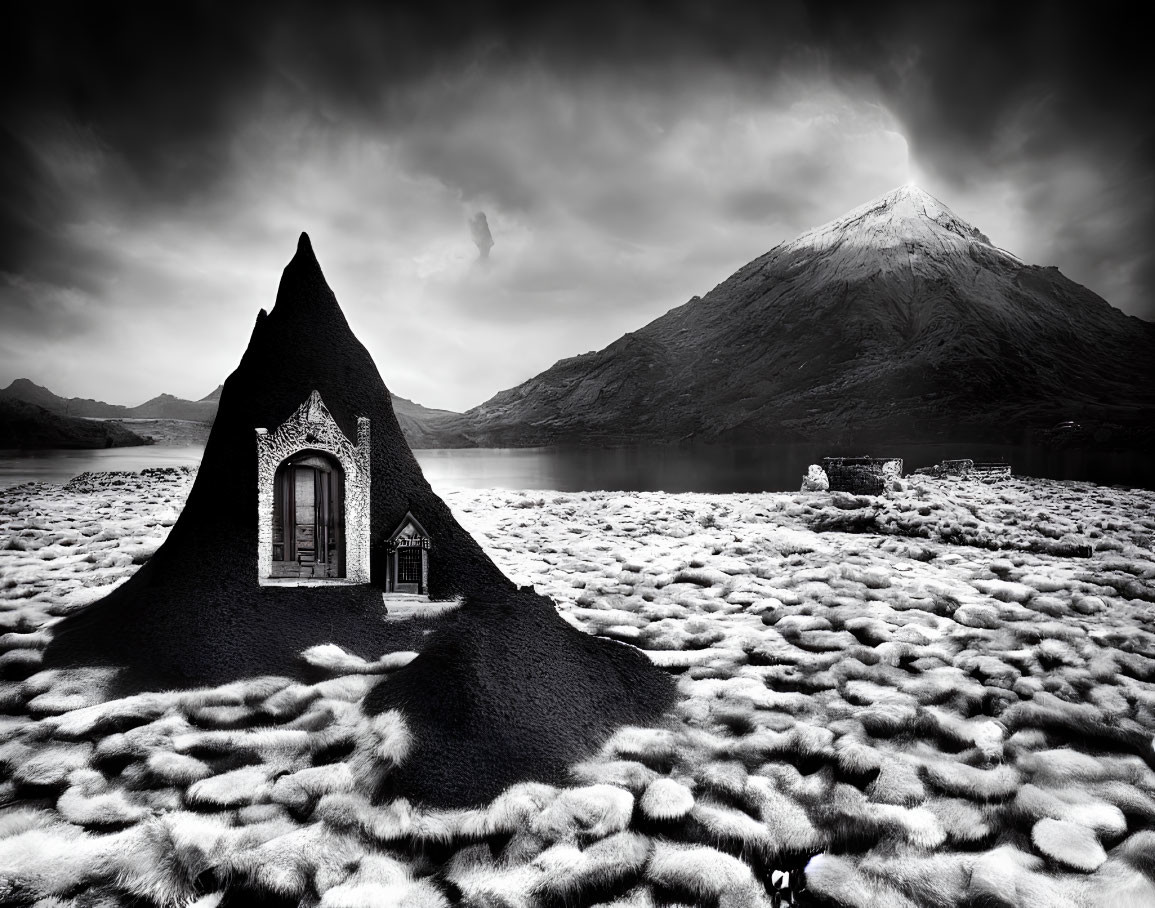 Monochrome surreal landscape with fluffy ground, Gothic window, and looming mountain.