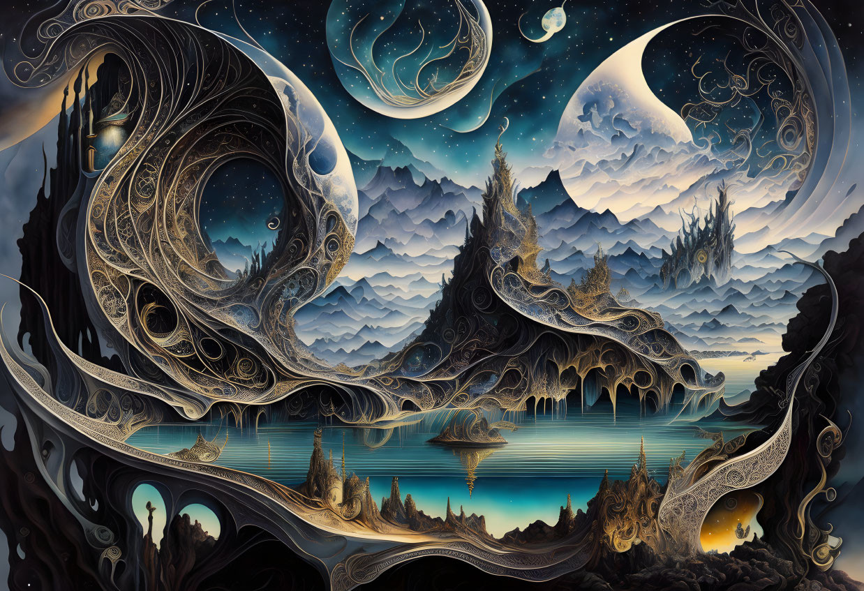 Fantastical landscape with stylized mountains, moons, calm lake, and intricate swirling patterns