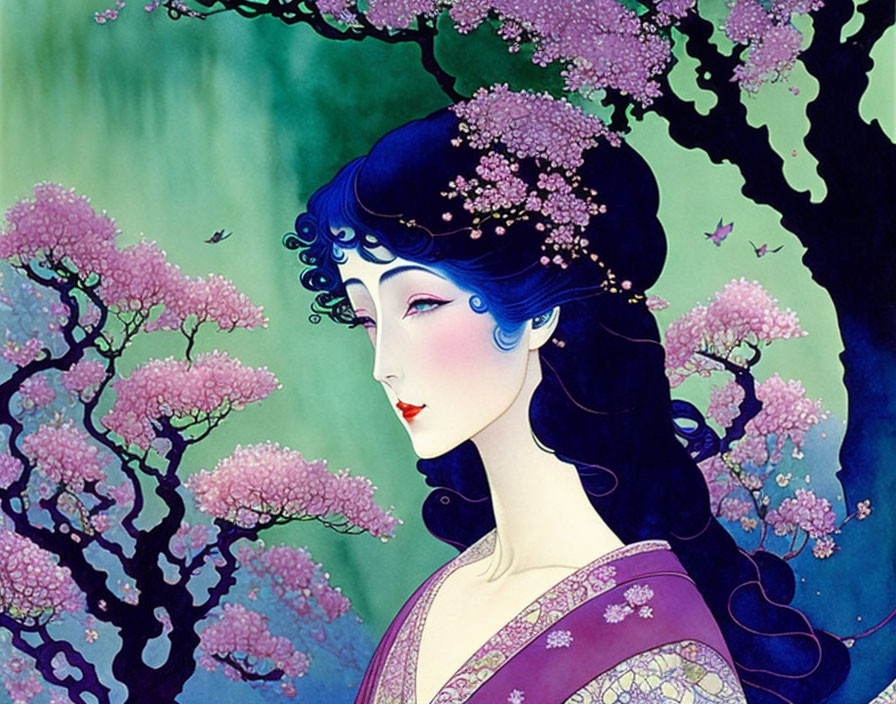 Illustration of woman with stylized features under blooming tree blending traditional and fantasy art styles