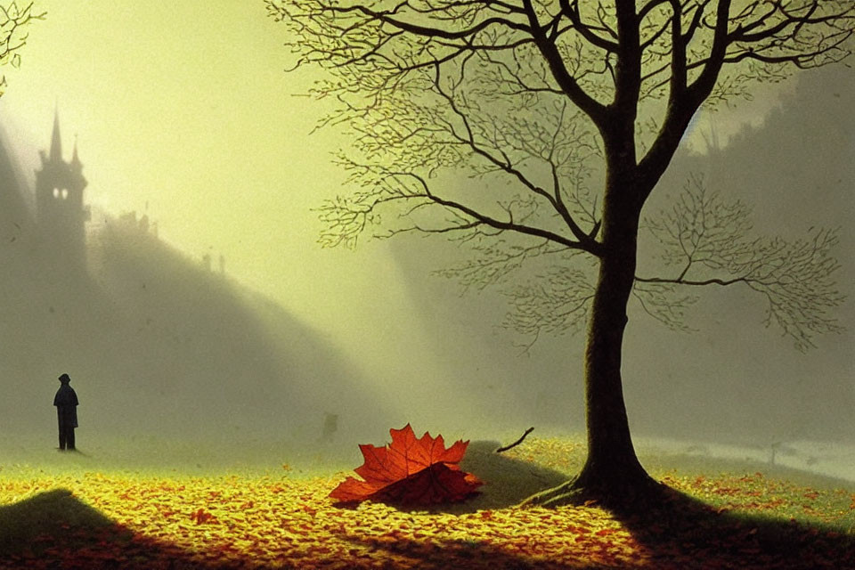 Solitary figure under tree with umbrella amid golden leaves and fallen leaf, sunlight on misty castle.