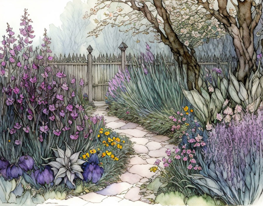 Tranquil Watercolor Garden Path with Purple and Yellow Flowers