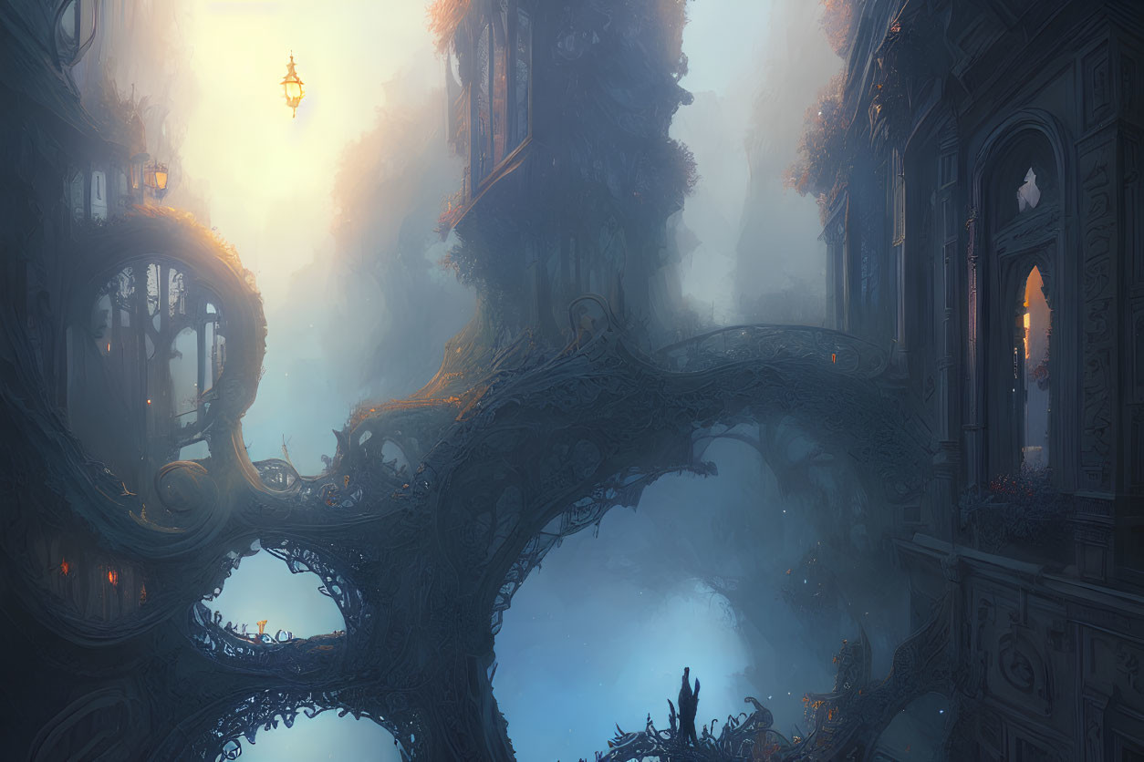 Ornate, intertwined cityscape in soft sunlight and fog