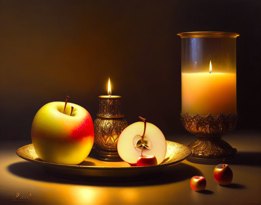 Still Life Composition: Full & Sliced Apple, Berries, Lit Candle