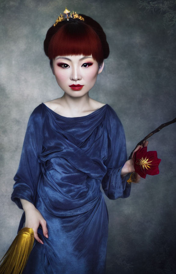 Traditional Asian Attire Woman Portrait in Blue Dress with Red Flower