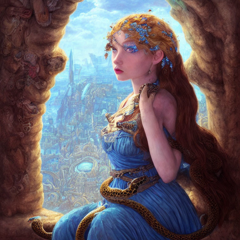 Fantasy illustration of woman with serpent, gold and blue attire, looking out from rocky window onto city