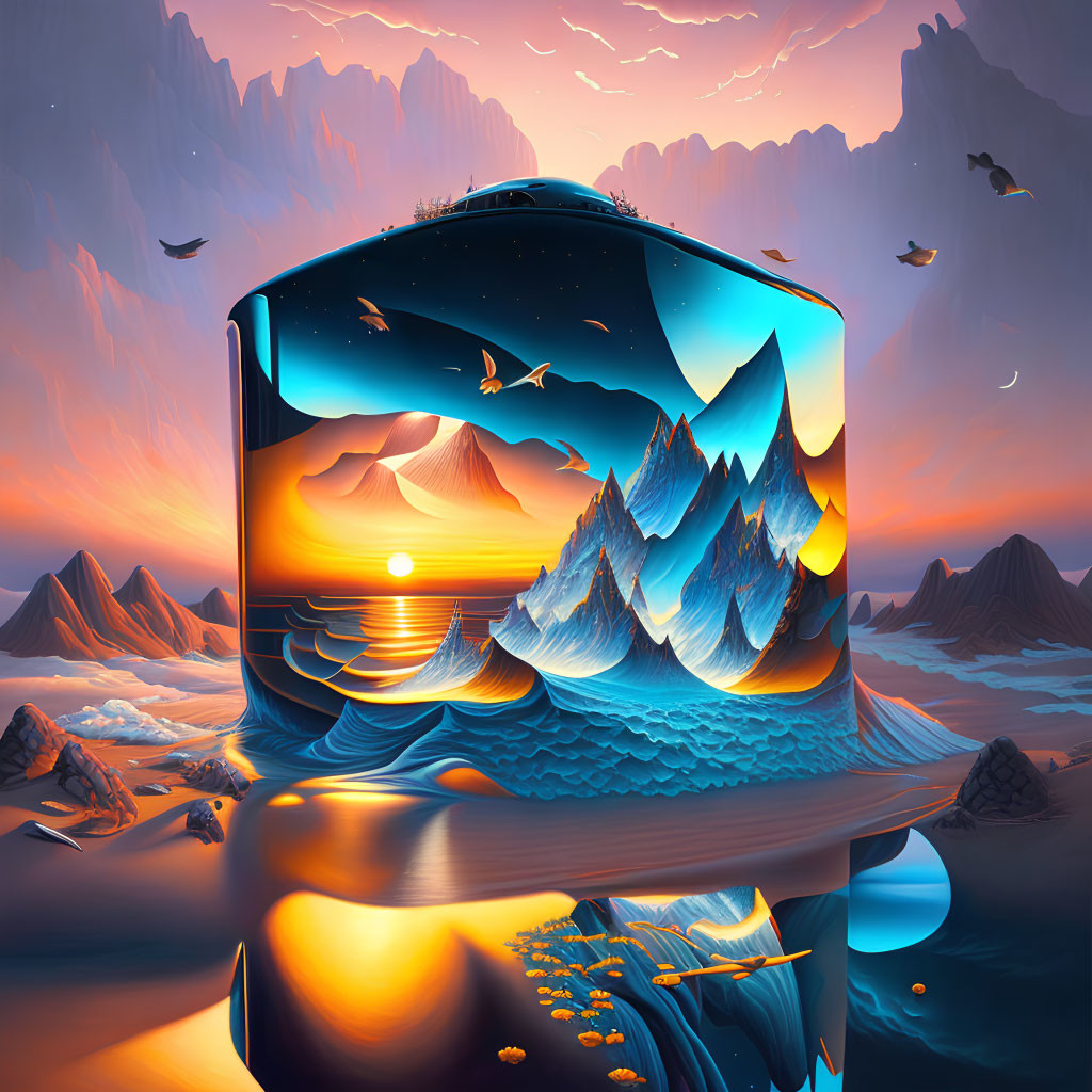 Surreal cubical day-to-night landscape with mountains, sea, fish, birds, and star