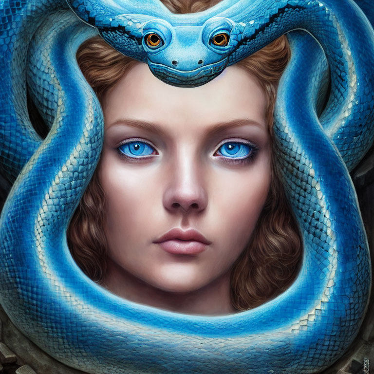 Digital artwork: Woman with blue eyes and snake coil.