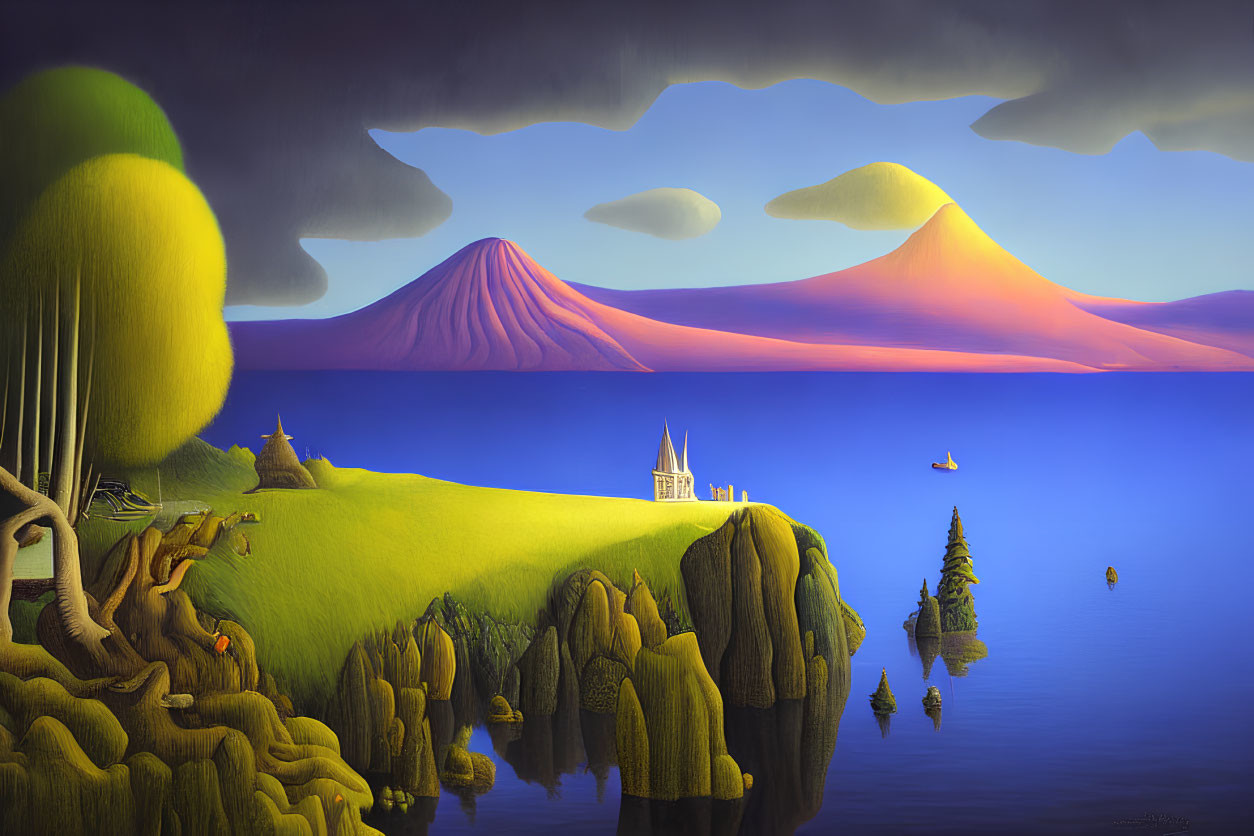 Vibrant surreal landscape: calm lake, twin volcanoes, house, boat