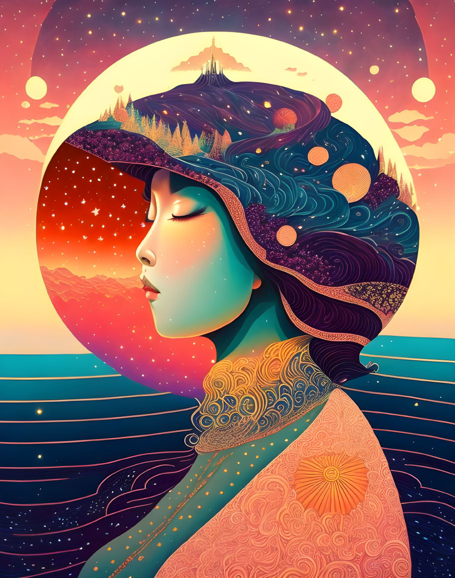 Surreal portrait of serene woman with landscape and starry sky in hair against moon and pastel