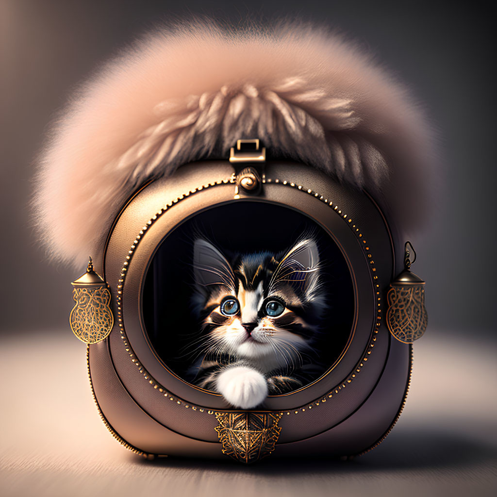 Fluffy kitten peeking from ornate purse with fur trim