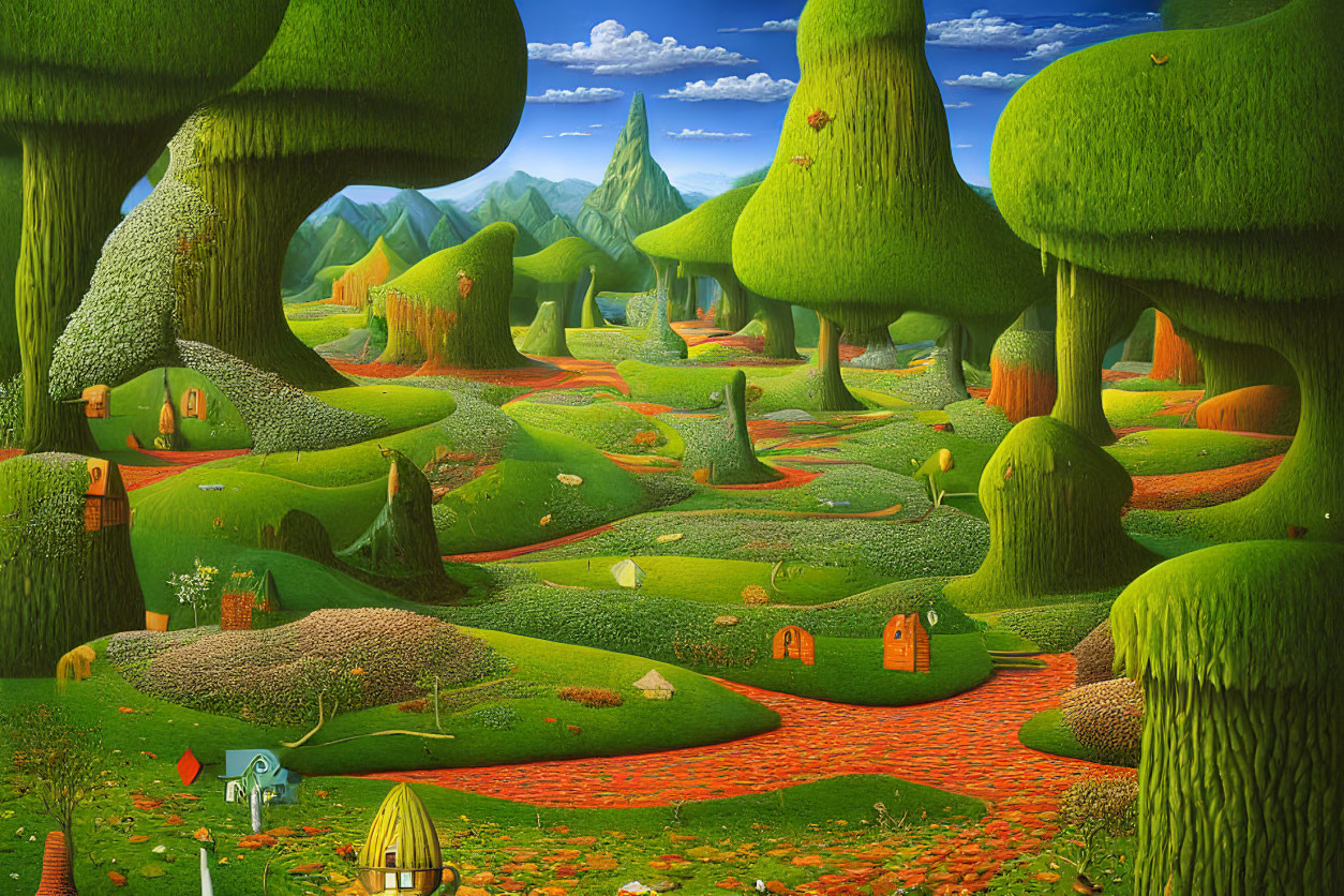 Vibrant green landscape with oversized mushrooms, winding paths, tiny houses, and rolling hills under a