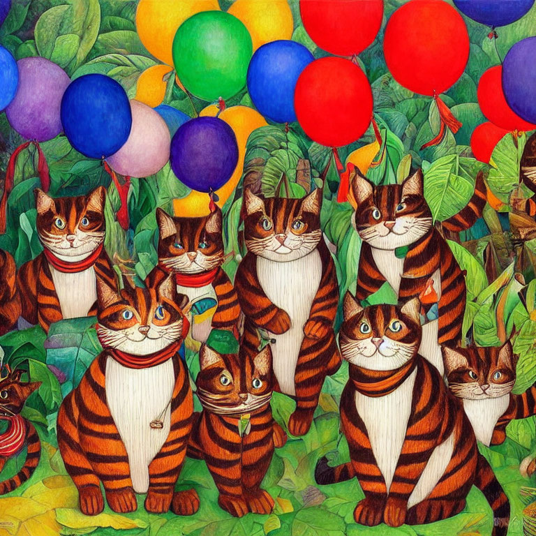Whimsical illustration: Striped cats with colorful balloons