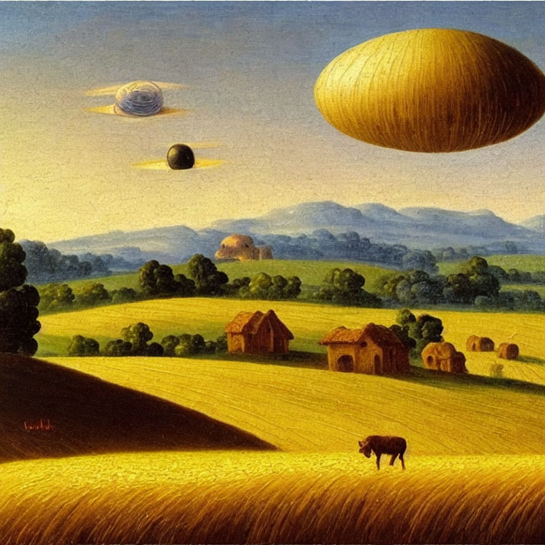 Surreal landscape with rolling hills, farm, cow, and UFOs