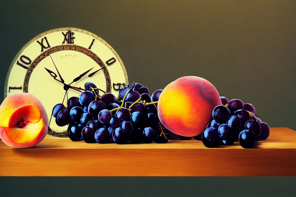 Ripe grapes, peach, vintage clock on wooden surface in soft-lit backdrop