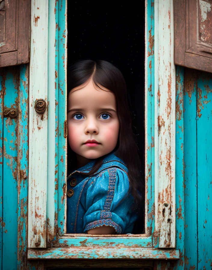 Dark-haired girl gazes through rustic turquoise window frame.