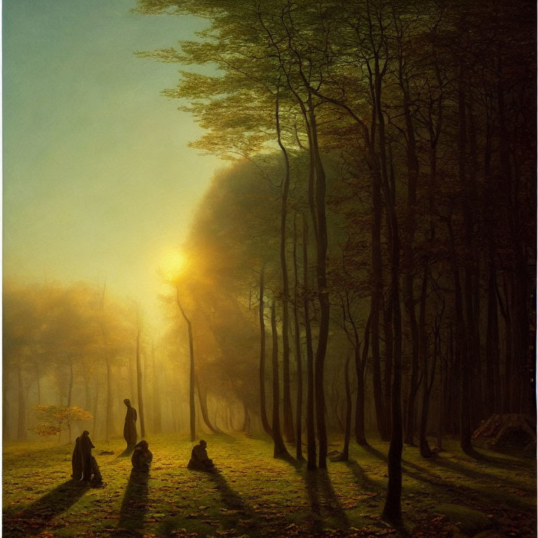 Tranquil forest scene at dawn or dusk with sunlight, mist, trees, shadows, people,