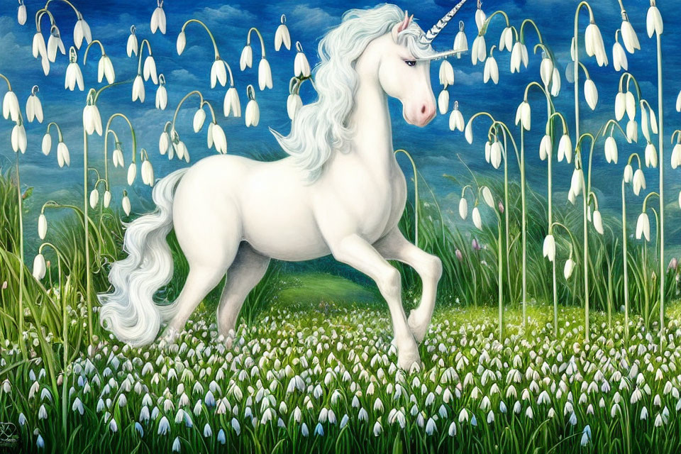 White Unicorn with Flowing Mane in Field of White Flowers