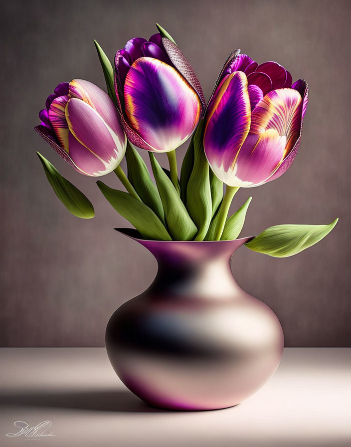 Purple and White Tulips in Metallic Vase on Taupe Background