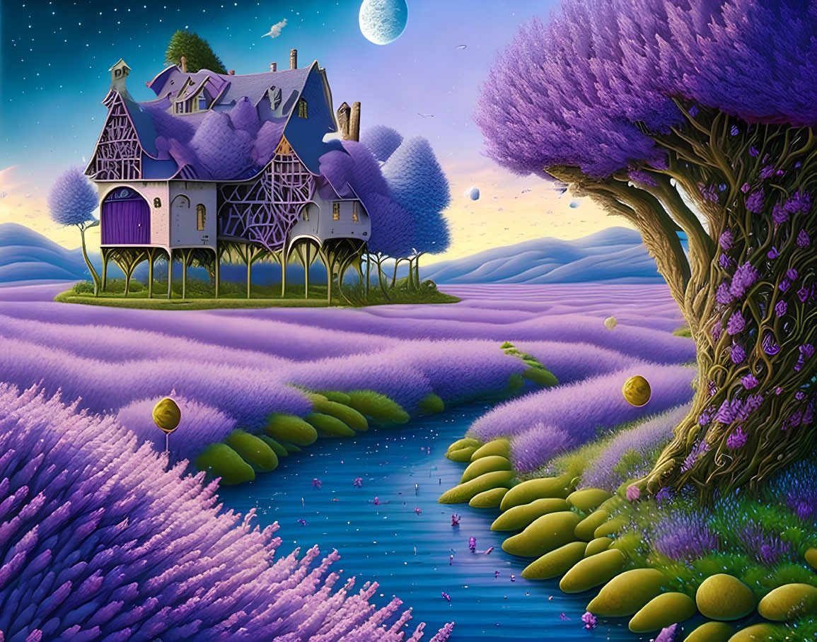 Whimsical Lavender Field Illustration with Charming House