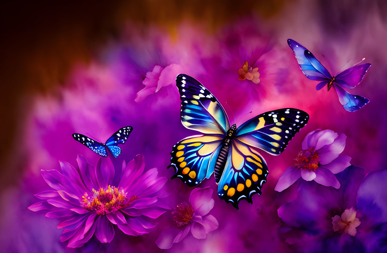 Colorful butterflies and flowers on soft bokeh background