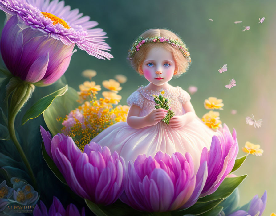 Young girl on giant pink flower with bouquet and wreath, surrounded by petals and butterflies