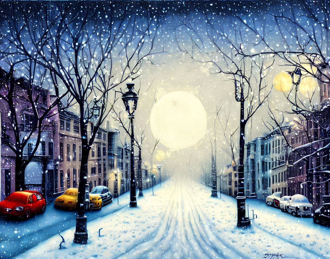 Snowy City Night Scene: Vintage Lamps, Bare Trees, Colorful Cars, Large Moon