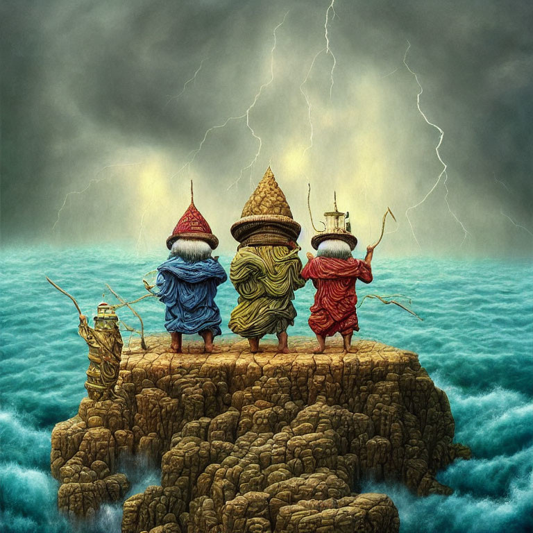Gnome-like figures on rocky outcrop overlooking stormy sea