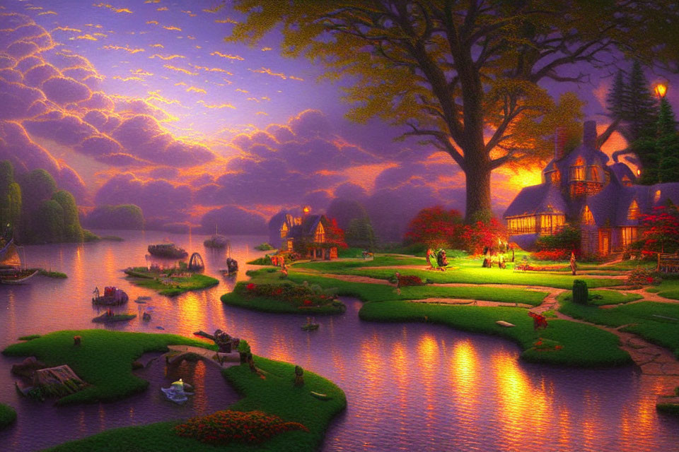 Tranquil evening scene: purple and orange sky, serene lake, cozy cottages, lush green