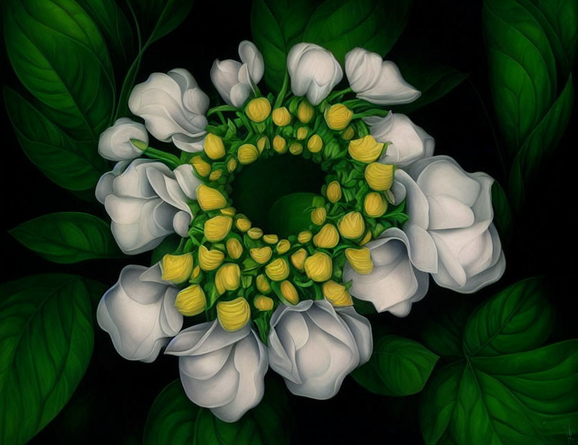 Floral wreath digital artwork with white and yellow petals on black background