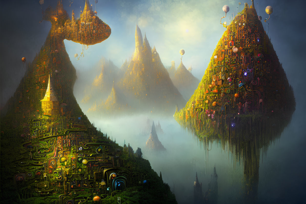 Lush green floating mountains with bright structures and hot air balloons