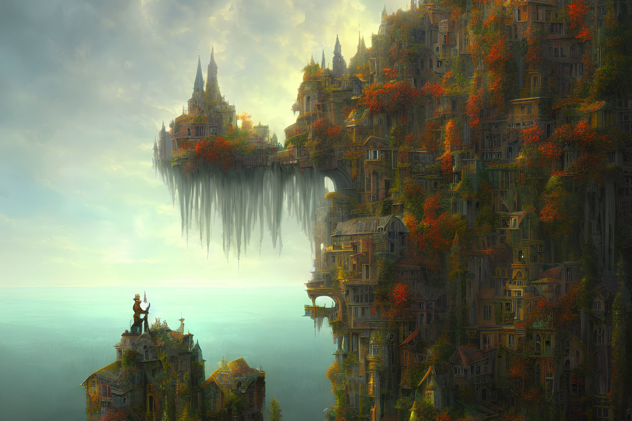 Mystical floating city with ancient buildings and lush greenery above serene sea