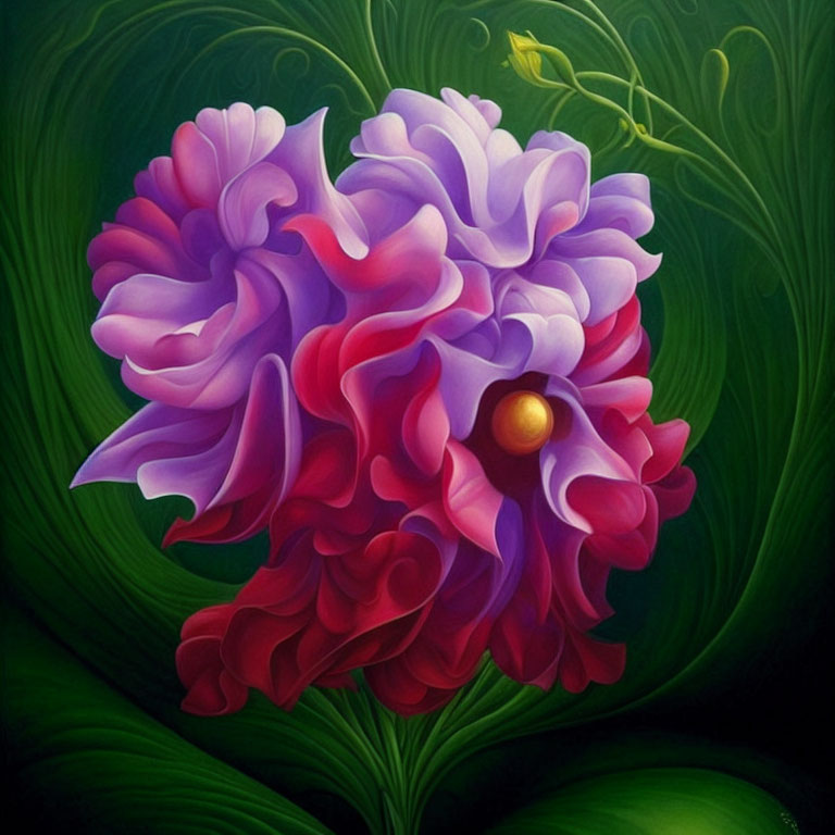Colorful heart-shaped flower painting with purple and pink petals on dark green background